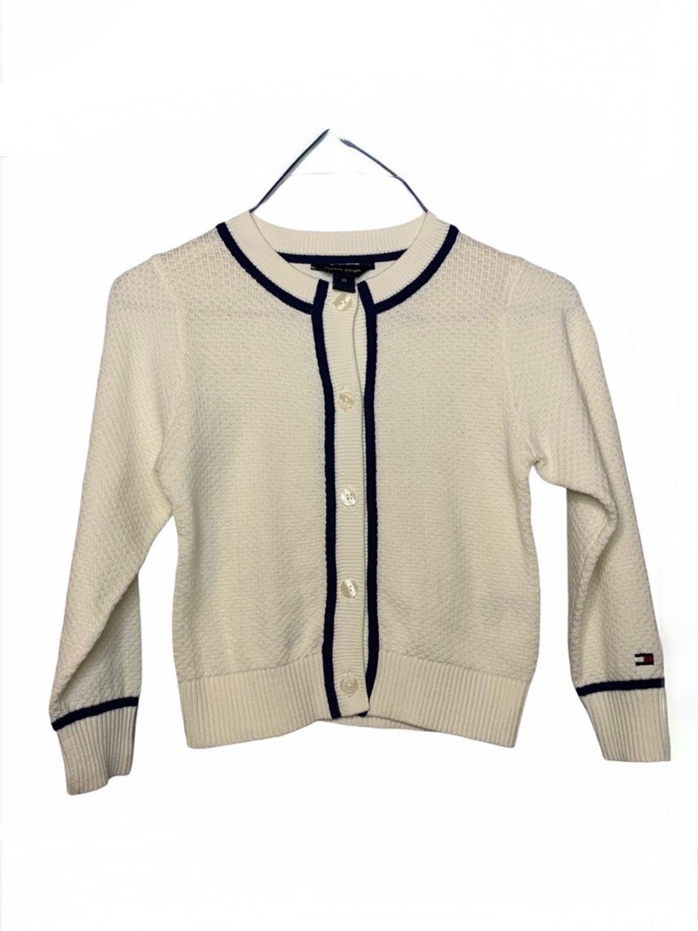 Tommy Hilfiger girls navy cream fine gauge knit cotton cardigan 3T preppy proper